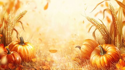 Poster - Autumn themed background with pumpkins and corn