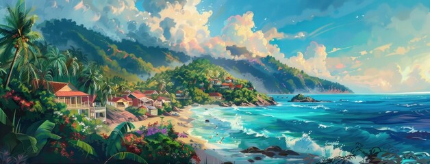 Wall Mural - Tropical beach landscape with palm trees and vibrant ocean waves under a bright sky