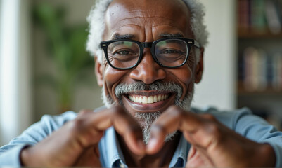 Smiling elderly African American man with glasses making a heart gesture. Warm, joyful portrait showing positive emotions and human connection. Ideal for senior lifestyle and health topics.
