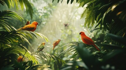 Sticker - Colorful Birds Perched on Lush Green Foliage in a Tropical Forest