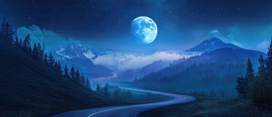 Wall Mural - scenic night landscape with moon over mountain road