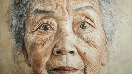 Sticker - Close-up Portrait of an Elderly Woman's Face with Wrinkles