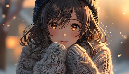 Wall Mural - cozy vibes of an anime girl in an oversized sweater radiating warmth and comfort in a heartwarming, soft-textured setting