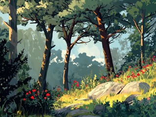 Wall Mural - forest landscape with trees and nature elements