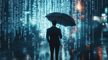 Back view of businessman holding umbrella with digital data falling down.