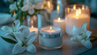 © Komkrit - A sleek, hydrating face cream jar placed next to soft candles and fresh lily petals, bathed in the soft glow of candlelight, evoking a luxurious night care routine
