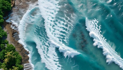 Wall Mural - Turbulent Waves Crashing on Tropical Shoreline in Abstract Aerial Seascape