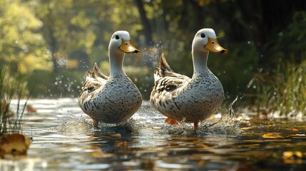 Wall Mural - Two Ducks Splashing in a Pond