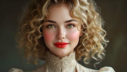 Sticker - Beautiful smiling woman with blonde curly hair and green eyes in a dress with a large décolletage, accentuated by light red lipstick