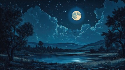 Wall Mural - nighttime landscape with full moon