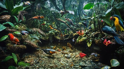 A Vibrant Jungle Scene with Birds, Fish, and Lush Vegetation