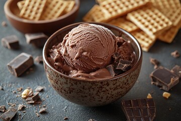 Bowl of chocolate ice cream surrounded by chocolate chunks and wafers