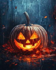 Canvas Print - Halloween pumpkin jack o lantern on dark backdrop