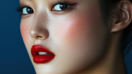 Canvas Print - Close-up Portrait of a Woman with Red Lipstick and Blush