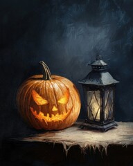 Spooky pumpkin beside an old lantern