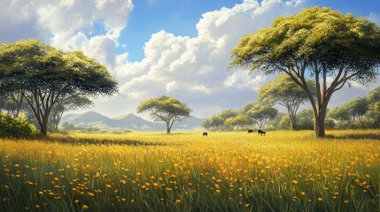 Wall Mural - Sunny Meadow with Trees, Blue Sky and Mountains in the Background