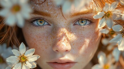 Wall Mural - Close-Up Portrait of a Woman with Freckles and Flowers