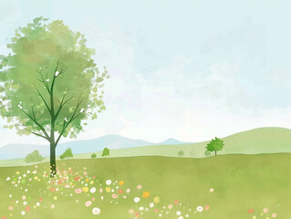 Wall Mural - illustration landscape with tree and flowers