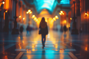 Blurred background of a walking woman's back view