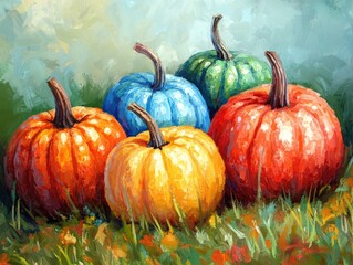 Poster - Colorful pumpkins on grassy background