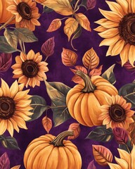 Sticker - autumn background pumpkins and sunflowers on purple backdrop