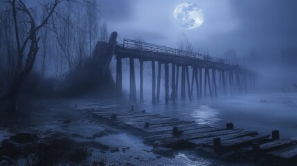 Wall Mural - haunting atmosphere of a dilapidated pier and eerie forest under moonlight