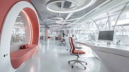 Poster - Modern office interior with curved walls, white desks, and a pink sofa