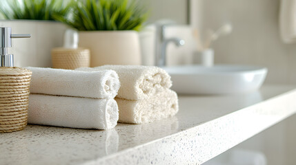 Poster -  Interior of a white bathroom. Clean bathroom counter surface