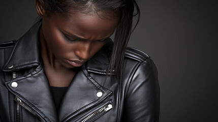 Poster - A woman wearing a black leather jacket is looking down. The jacket is black and has silver zippers