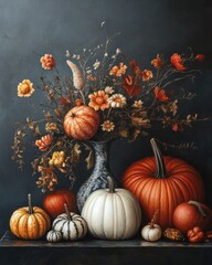 Canvas Print - pumpkin and gourd arrangement on dark backdrop