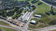 © Mario Hagen - Edmonton, Alberta, Canada - 9-1-24, aerial view of 'Muttart Conservatory' a botanical garden in the North Saskatchewan river valley with the famous four pyramids and three greenhouses
