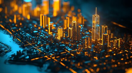 Canvas Print - A vibrant, illuminated cityscape featuring tall buildings, with a futuristic look and glowing elements set against a dark background.