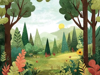 Wall Mural - forest landscape with trees and nature elements