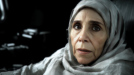 Poster - A woman wearing a white scarf and looking at the camera. The image has a mood of loneliness and sadness