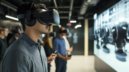 Wall Mural - Man Wearing Virtual Reality Headset in a Modern Office Setting