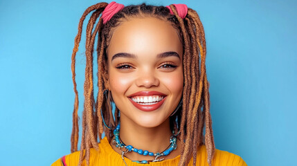 Canvas Print - A woman with long dreadlocks and a yellow shirt is smiling. She is wearing a blue necklace and a pink headband