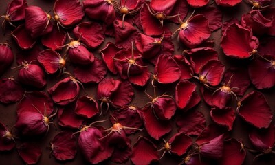 Dried rose petals in dark red shades, creating a beautiful texture for backgrounds