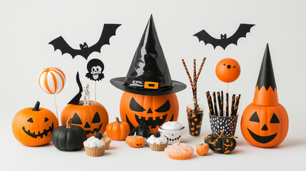 A playful Halloween setup with jack-o'-lanterns, bats, and candy, ready for trick-or-treating.