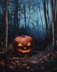 Wall Mural - eerie pumpkin glow in dark woods