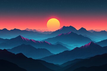 A stylized image of a mountain range at sunset, with a glowing sun in the distance and starry sky above.