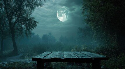 Wall Mural - nighttime forest scene with full moon and rustic wooden table