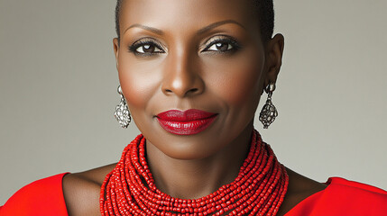 Wall Mural - A woman wearing a red dress and a red necklace. She has red lipstick on and is smiling