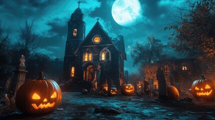 Wall Mural - Halloween Image of Pumpkins and Zombies in Graveyard with Moonlight and Deformed Church in 3D Rendering