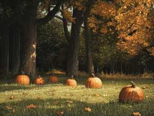 Wall Mural - Pumpkins on grass in a field with trees