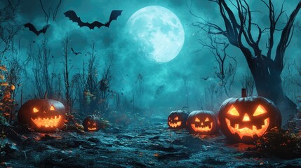 Wall Mural - spooky night scene with glowing pumpkins and full moon