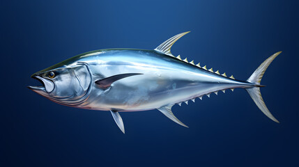 Wall Mural - Fresh whole tuna fish with glossy silver skin isolated on dark blue  background