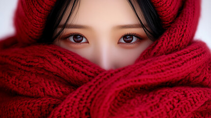 Sticker - A woman wearing a red scarf is looking at the camera. The scarf is wrapped around her neck and covers her face. The woman's eyes are closed, and she is in a contemplative or introspective mood