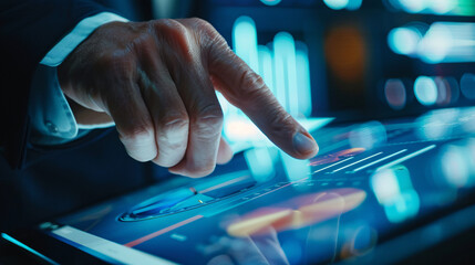 Individual Interacts with Button on Screen Amid Numerous Lights