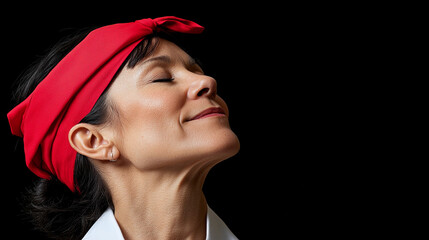 Poster - A woman wearing a red bandana is smiling and looking up. Concept of happiness and contentment