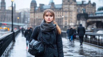 Poster - A woman wearing a black coat and scarf stands on a bridge in the rain. She is holding a black bag and she is looking at the camera. The scene is set in a city